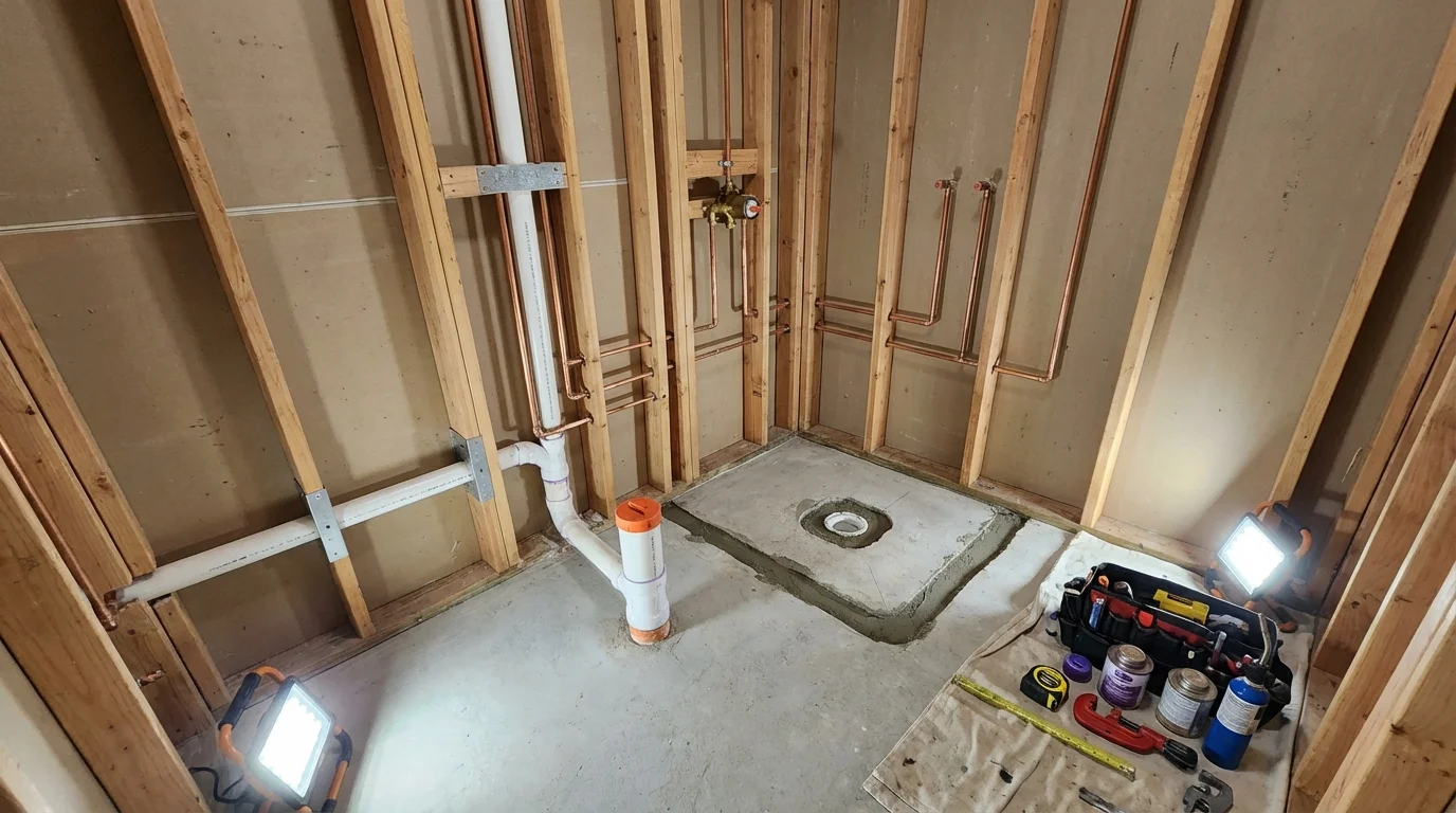 Bathroom rough-in plumbing during remodel by Johns Plumbing LLC in Veneta