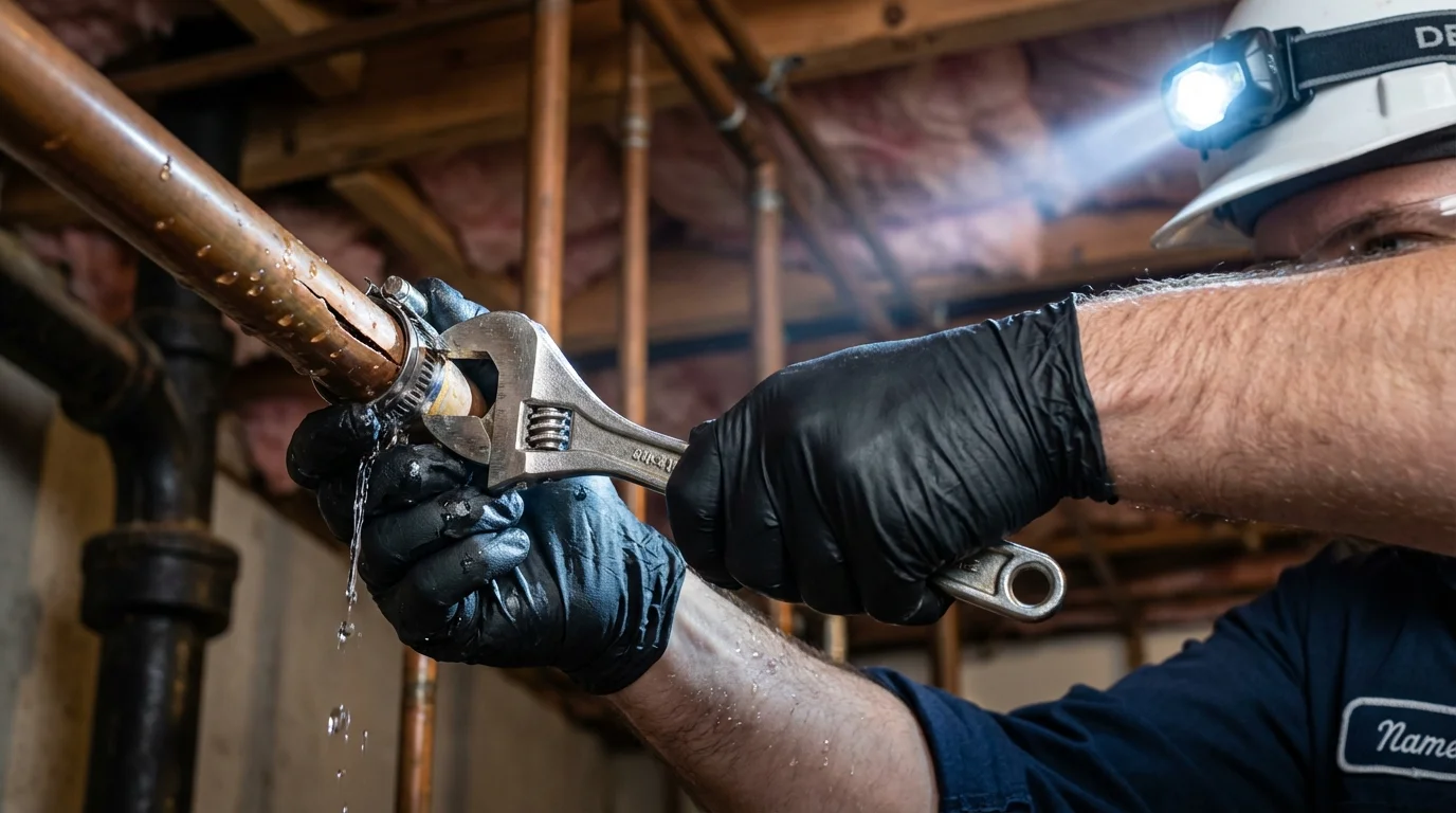 Emergency pipe clamp repair being performed by a Johns Plumbing LLC plumber in Veneta