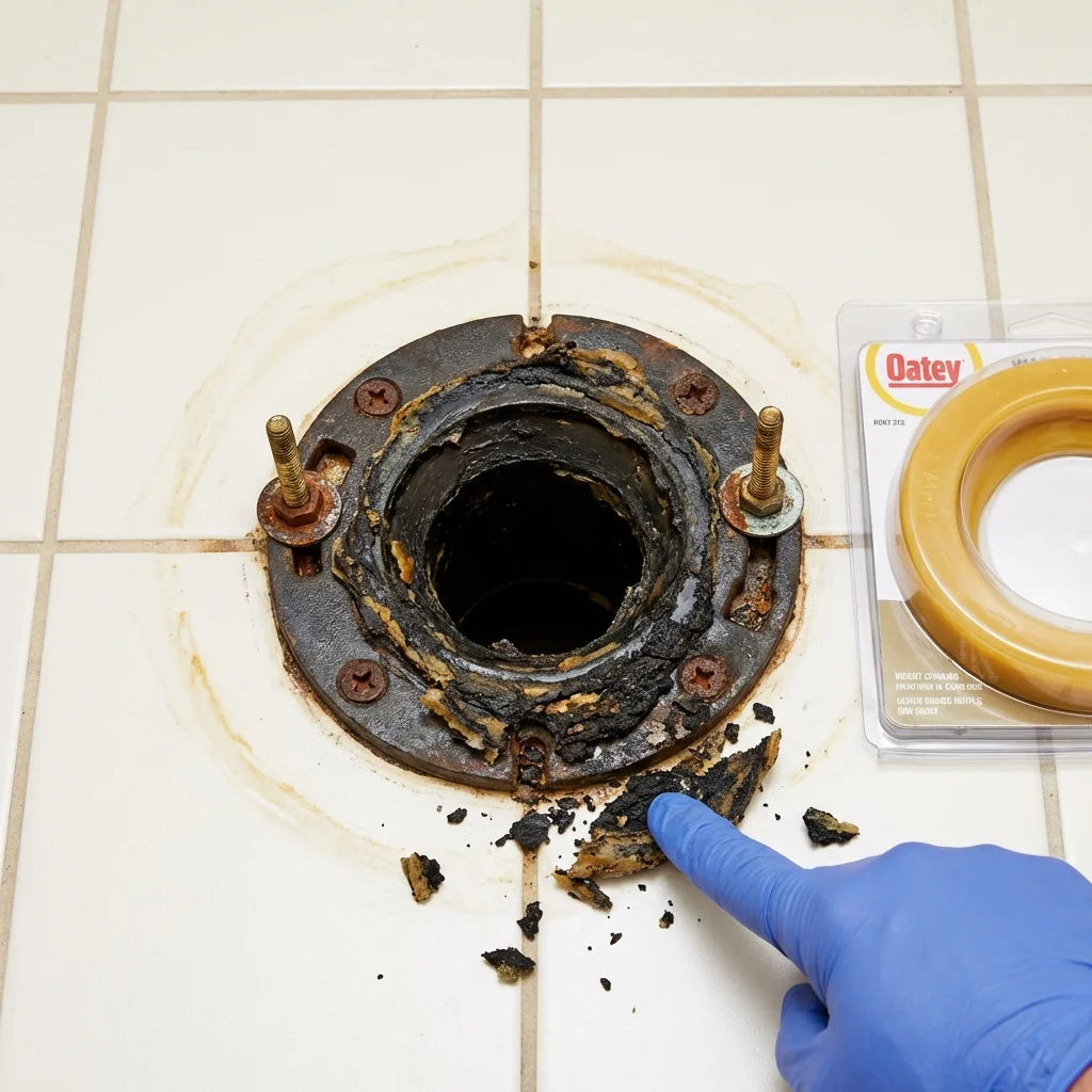 Failed wax ring showing water seepage at the base of a toilet in a Veneta, OR home
