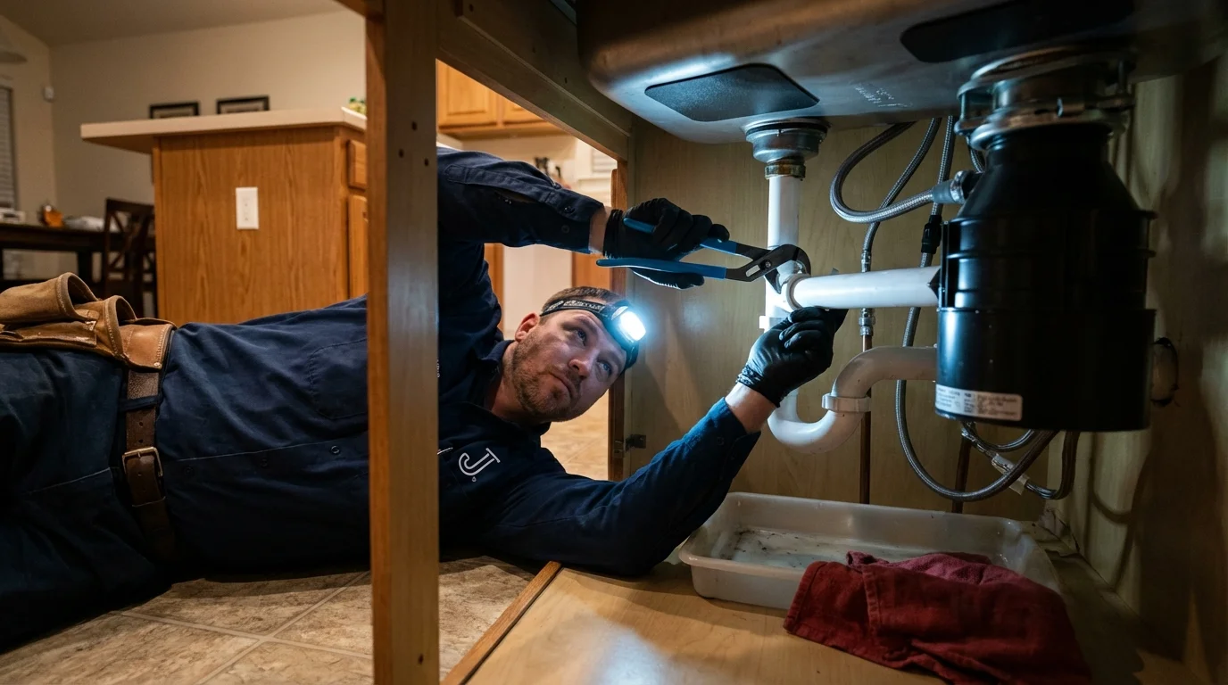 P-trap and supply line connections under a kitchen sink showing a common leak point in Veneta, OR
